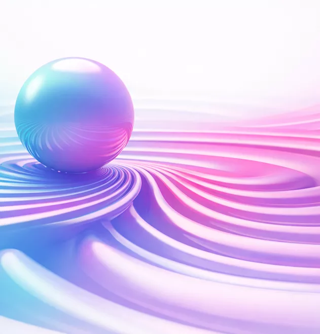 A glossy, iridescent sphere resting on a swirling, pastel-colored topographical surface.