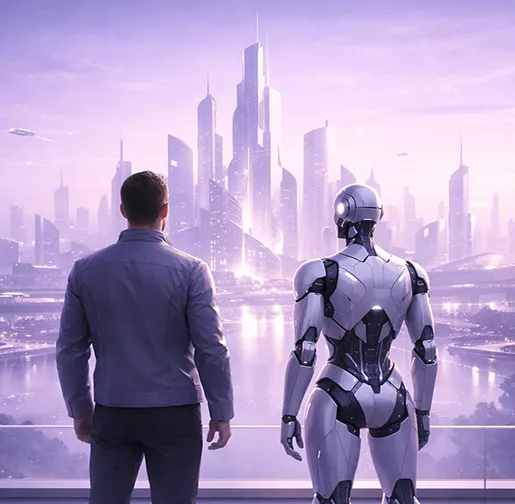 A man and a sleek robot standing together, looking out at a glowing, futuristic city skyline.