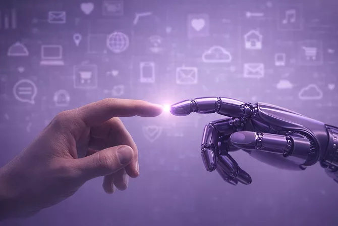 Human and robotic fingers nearly touching with a glowing light between them on a purple background.